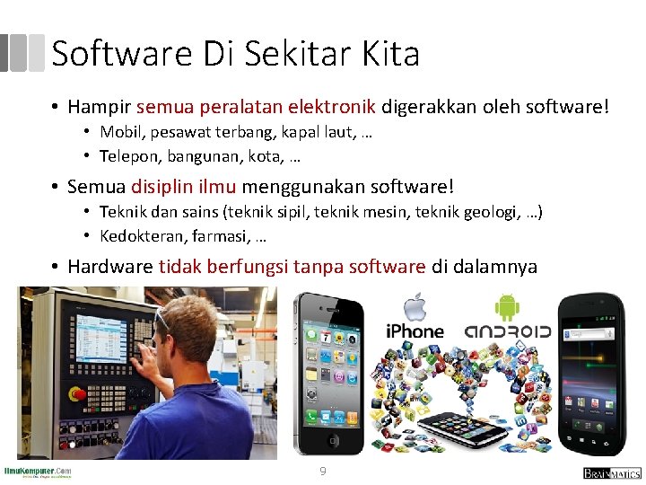 Software Di Sekitar Kita • Hampir semua peralatan elektronik digerakkan oleh software! • Mobil,