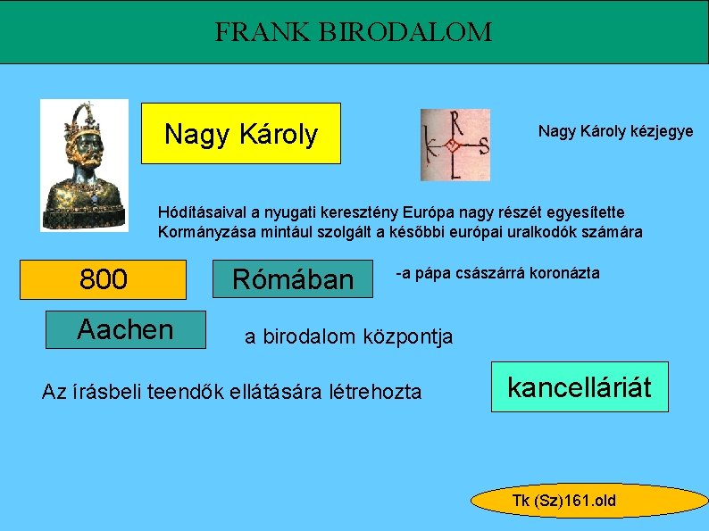 FRANK BIRODALOM Nagy Károly kézjegye Hódításaival a nyugati keresztény Európa nagy részét egyesítette Kormányzása