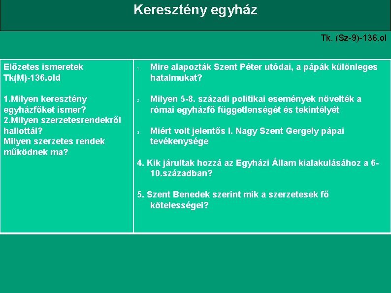 Keresztény egyház Tk. (Sz-9)-136. ol Előzetes ismeretek Tk(M)-136. old 1. Milyen keresztény egyházfőket ismer?