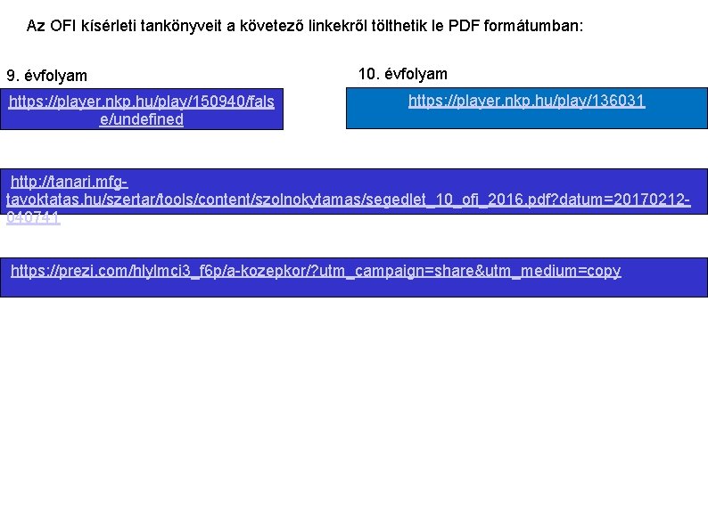 Az OFI kísérleti tankönyveit a követező linkekről tölthetik le PDF formátumban: 9. évfolyam https: