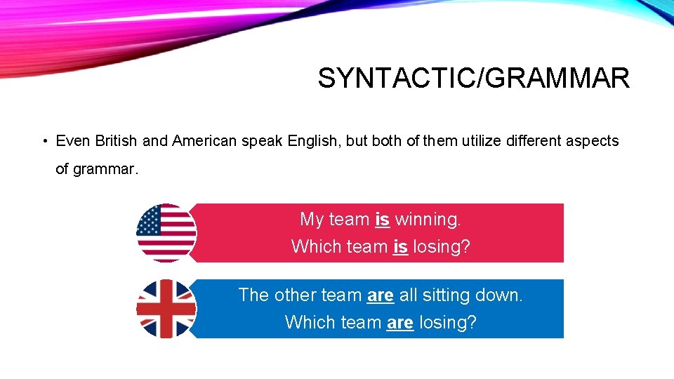 SYNTACTIC/GRAMMAR • Even British and American speak English, but both of them utilize different