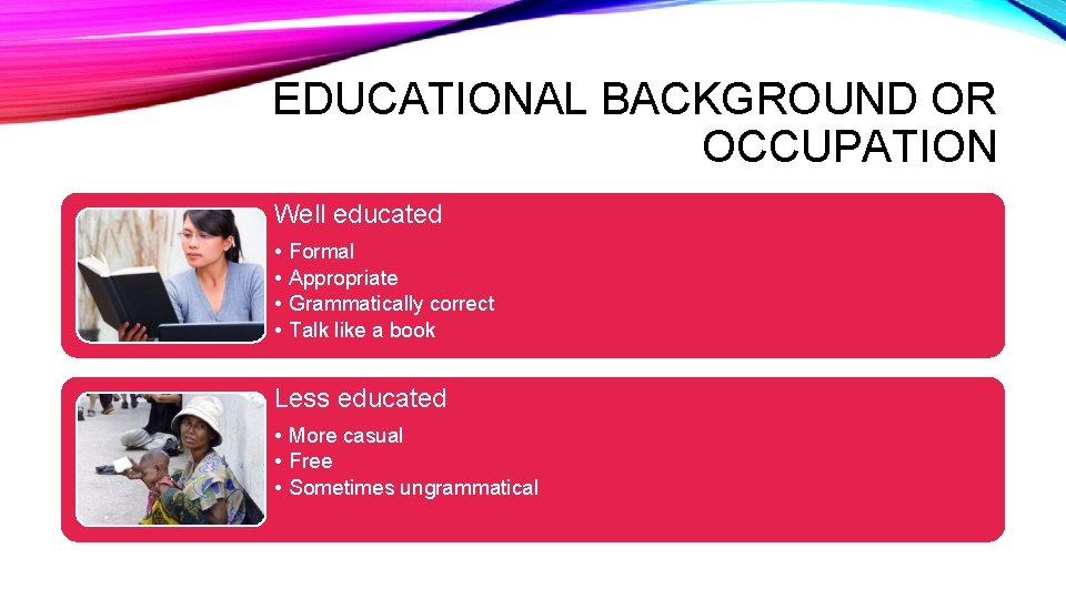 EDUCATIONAL BACKGROUND OR OCCUPATION Well educated • • Formal Appropriate Grammatically correct Talk like