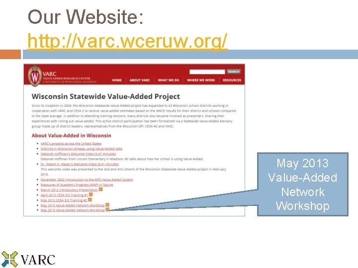 Our Website: http: //varc. wceruw. org/ May 2013 Value-Added Network Workshop 