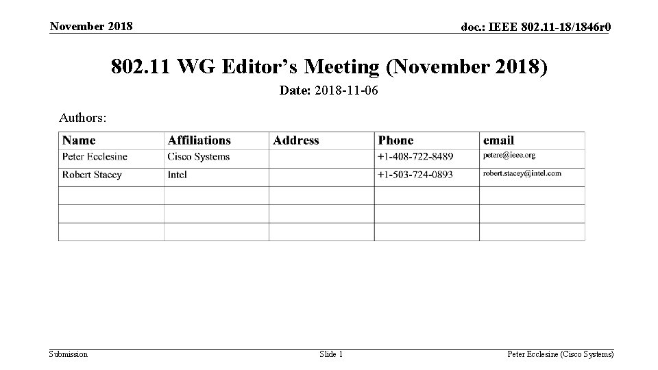 November 2018 doc. : IEEE 802. 11 -18/1846 r 0 802. 11 WG Editor’s