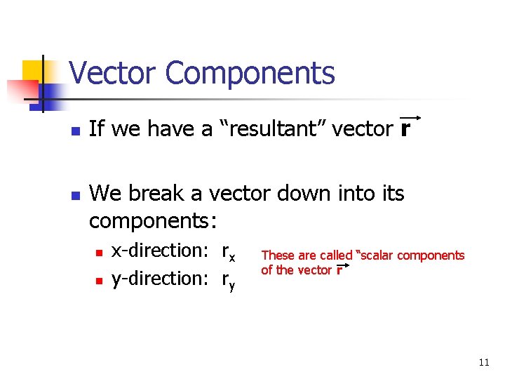 Vector Components n n If we have a “resultant” vector r We break a
