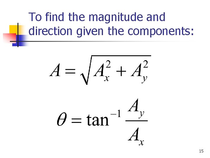 To find the magnitude and direction given the components: 15 