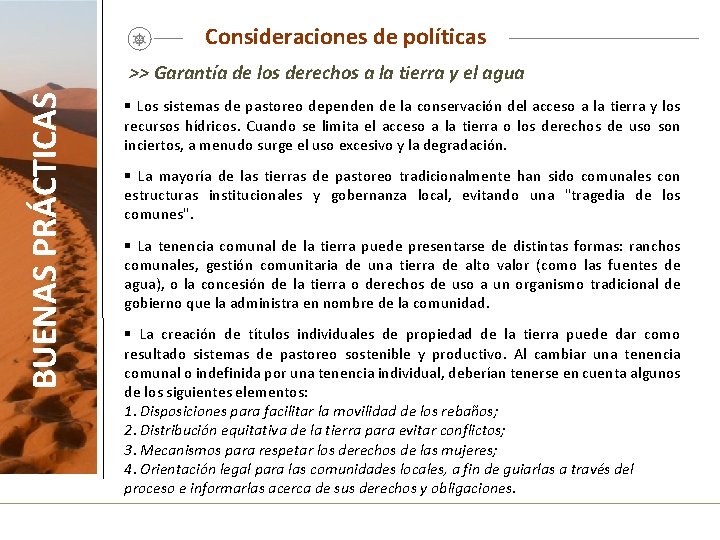 Consideraciones de políticas BUENAS PRÁCTICAS >> Garantía de los derechos a la tierra y