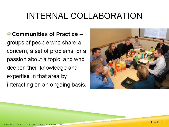 INTERNAL COLLABORATION Communities of Practice – groups of people who share a concern, a