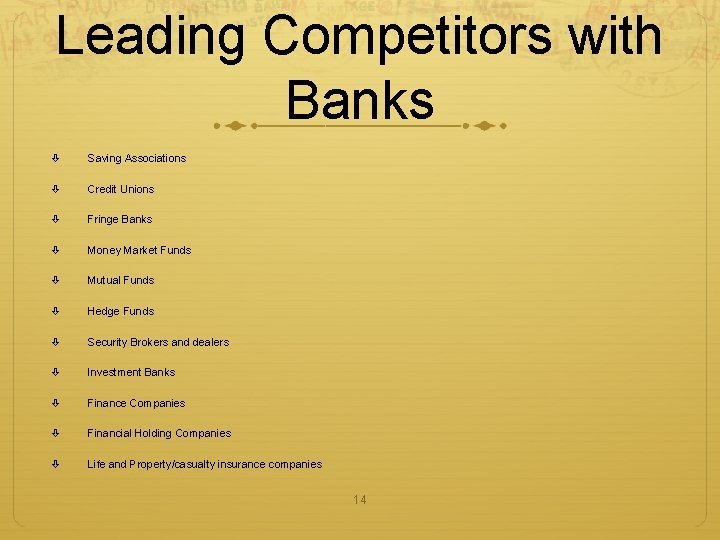 Leading Competitors with Banks Saving Associations Credit Unions Fringe Banks Money Market Funds Mutual