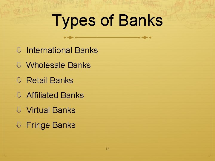 Types of Banks International Banks Wholesale Banks Retail Banks Affiliated Banks Virtual Banks Fringe