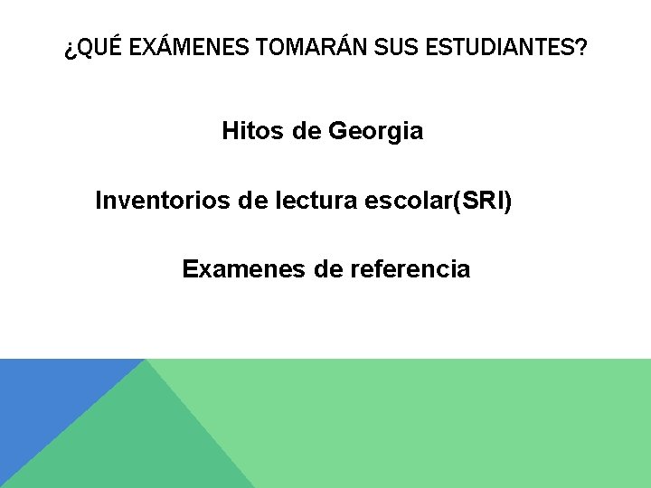 ¿QUÉ EXÁMENES TOMARÁN SUS ESTUDIANTES? Hitos de Georgia Inventorios de lectura escolar(SRI) Examenes de