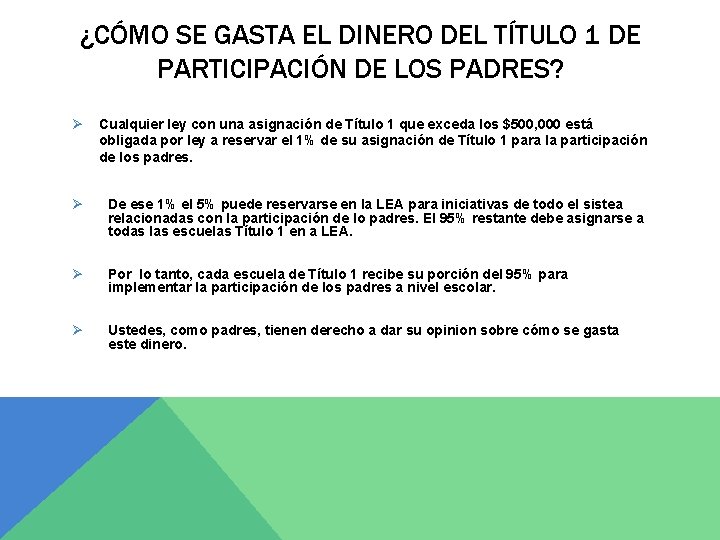 ¿CÓMO SE GASTA EL DINERO DEL TÍTULO 1 DE PARTICIPACIÓN DE LOS PADRES? Ø