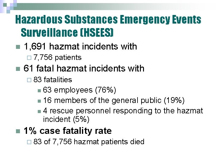 Hazardous Substances Emergency Events Surveillance (HSEES) n 1, 691 hazmat incidents with ¨ 7, Hazardous Substances Emergency Events Surveillance (HSEES) n 1, 691 hazmat incidents with ¨ 7,