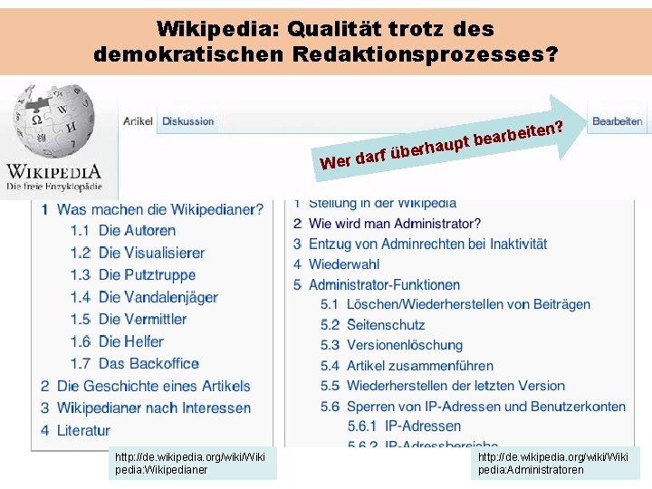 Wikipedia: Qualität trotz des demokratischen Redaktionsprozesses? en? rf Wer da http: //de. wikipedia. org/wiki/Wiki