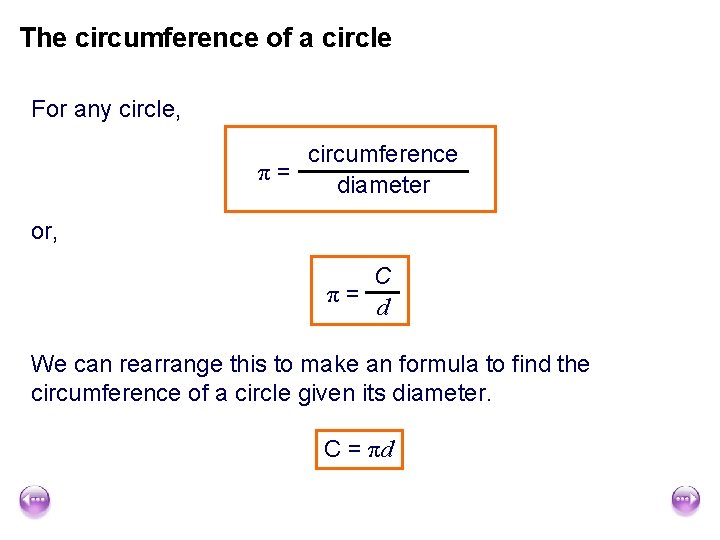 The circumference of a circle For any circle, circumference π= diameter or, C π=