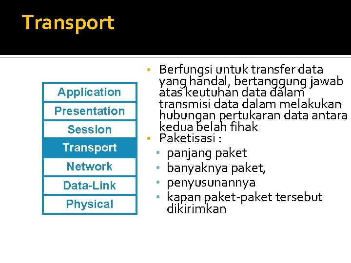 Transport Berfungsi untuk transfer data yang handal, bertanggung jawab atas keutuhan data dalam transmisi