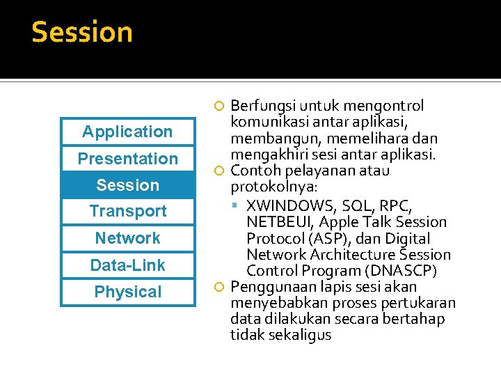 Session Berfungsi untuk mengontrol komunikasi antar aplikasi, membangun, memelihara dan mengakhiri sesi antar aplikasi.