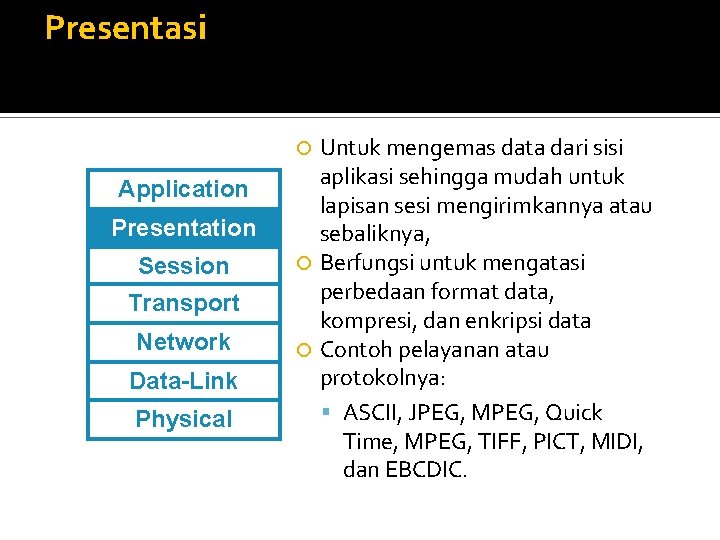 Presentasi Untuk mengemas data dari sisi aplikasi sehingga mudah untuk lapisan sesi mengirimkannya atau