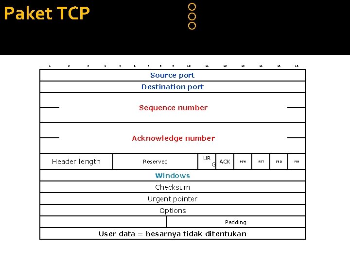  Connection oriented Reliable Byte stream service Paket TCP 1 2 3 4 5