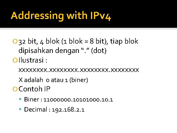 Addressing with IPv 4 32 bit, 4 blok (1 blok = 8 bit), tiap