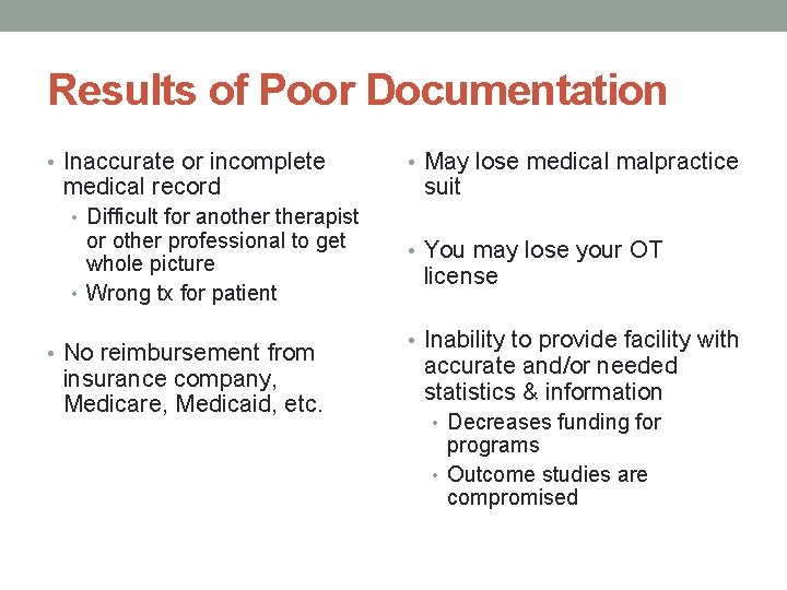 Results of Poor Documentation • Inaccurate or incomplete medical record • May lose medical