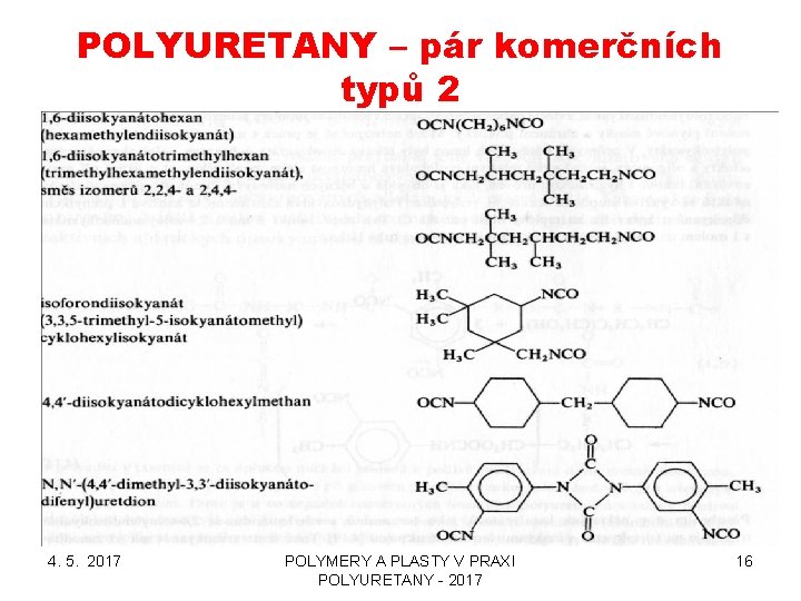 POLYURETANY – pár komerčních typů 2 4. 5. 2017 POLYMERY A PLASTY V PRAXI