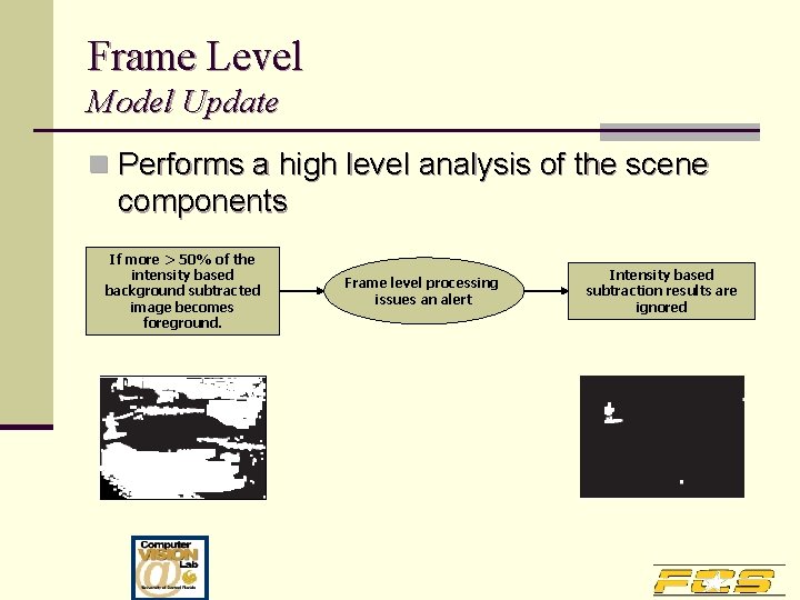 Frame Level Model Update n Performs a high level analysis of the scene components
