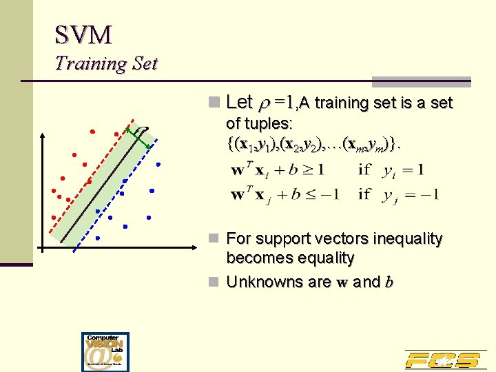 SVM Training Set n Let =1, A training set is a set of tuples: