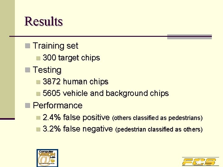 Results n Training set n 300 target chips n Testing n 3872 human chips