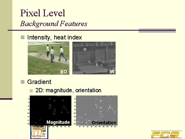 Pixel Level Background Features n Intensity, heat index EO IR n Gradient n 2