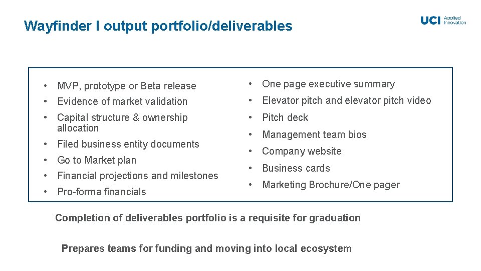 Wayfinder I output portfolio/deliverables • MVP, prototype or Beta release • One page executive
