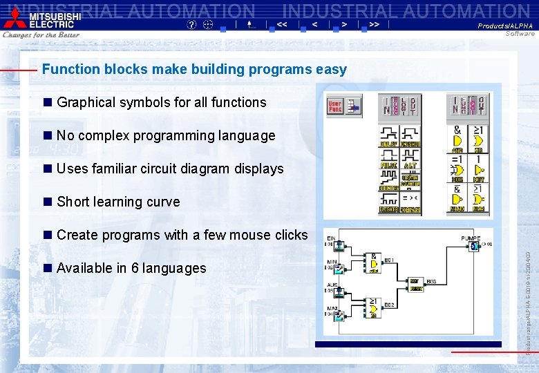 Products/ALPHA Software Function blocks make building programs easy n Graphical symbols for all functions