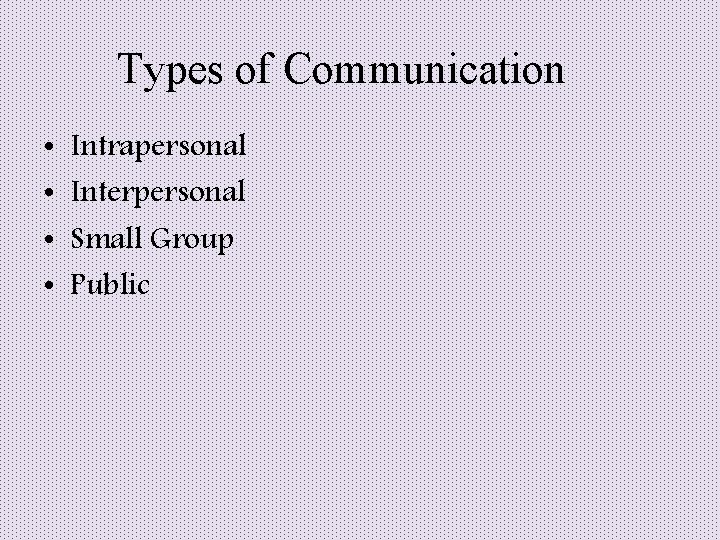 Types of Communication • • Intrapersonal Interpersonal Small Group Public 