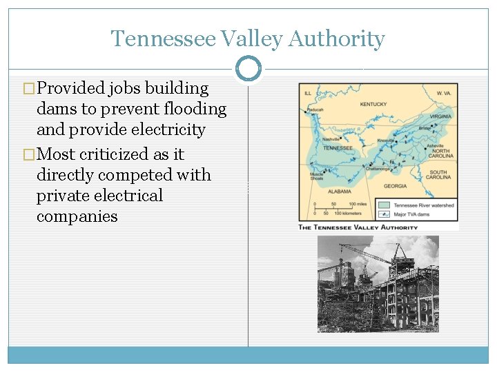Tennessee Valley Authority �Provided jobs building dams to prevent flooding and provide electricity �Most Tennessee Valley Authority �Provided jobs building dams to prevent flooding and provide electricity �Most