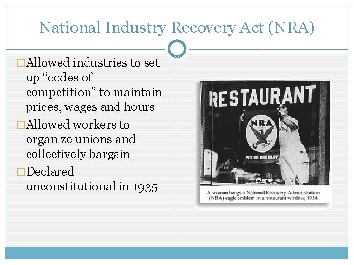 National Industry Recovery Act (NRA) �Allowed industries to set up “codes of competition” to National Industry Recovery Act (NRA) �Allowed industries to set up “codes of competition” to