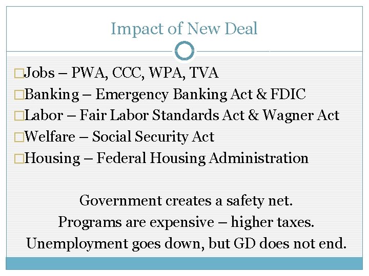 Impact of New Deal �Jobs – PWA, CCC, WPA, TVA �Banking – Emergency Banking Impact of New Deal �Jobs – PWA, CCC, WPA, TVA �Banking – Emergency Banking