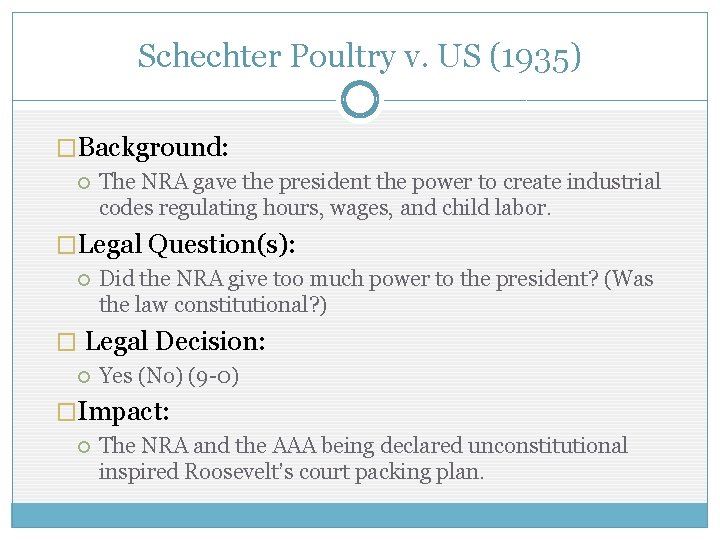 Schechter Poultry v. US (1935) �Background: The NRA gave the president the power to Schechter Poultry v. US (1935) �Background: The NRA gave the president the power to