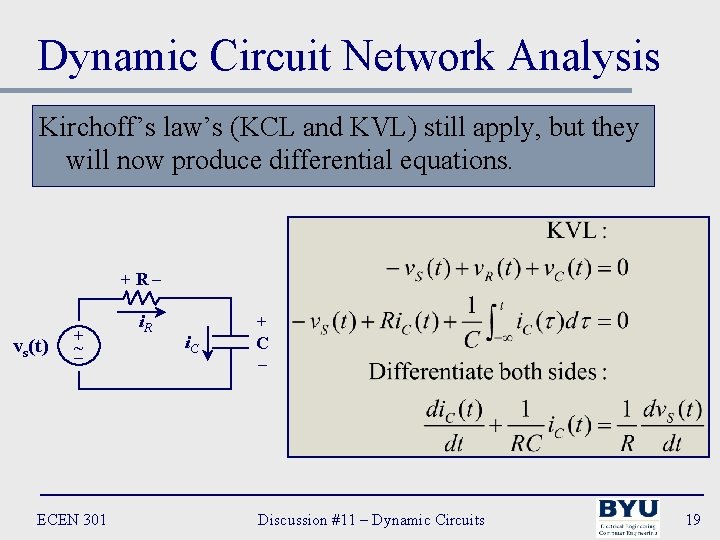 Dynamic Circuit Network Analysis Kirchoff’s law’s (KCL and KVL) still apply, but they will