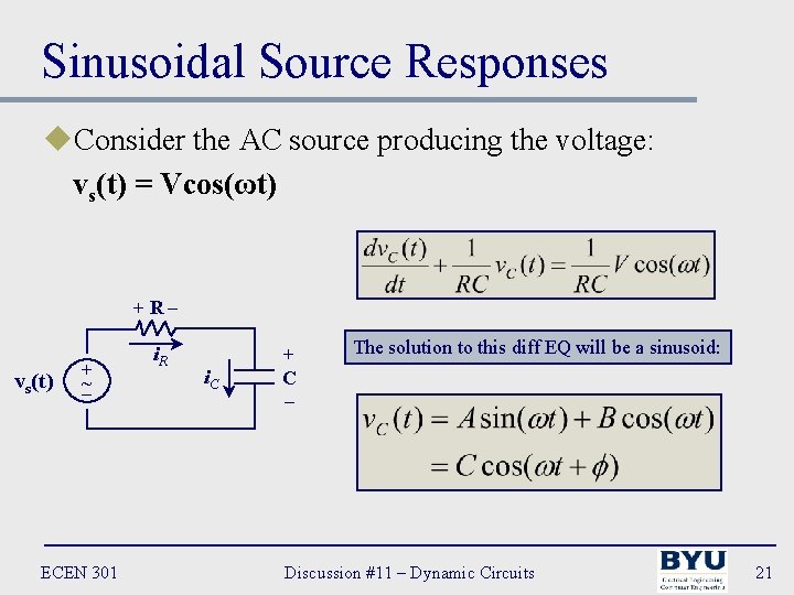 Sinusoidal Source Responses u. Consider the AC source producing the voltage: vs(t) = Vcos(ωt)