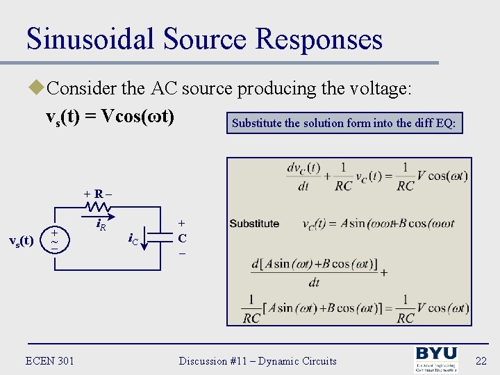 Sinusoidal Source Responses u. Consider the AC source producing the voltage: vs(t) = Vcos(ωt)