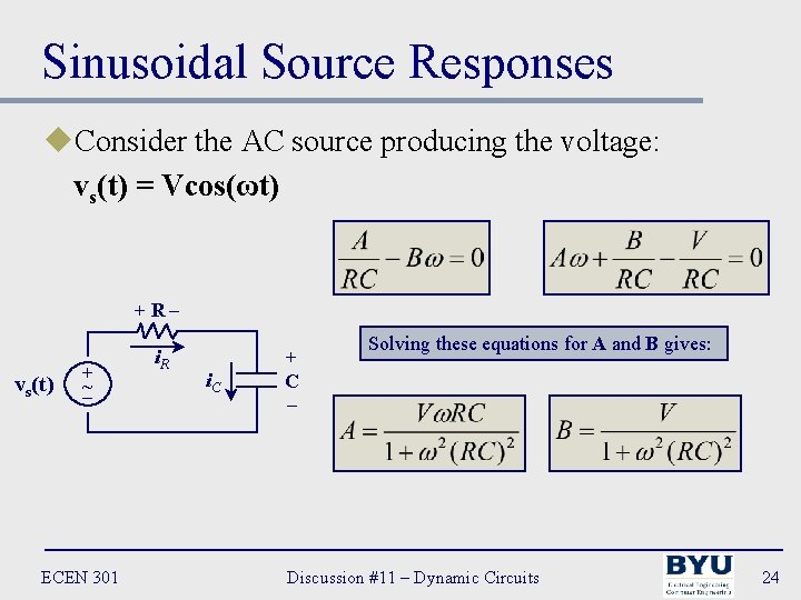 Sinusoidal Source Responses u. Consider the AC source producing the voltage: vs(t) = Vcos(ωt)