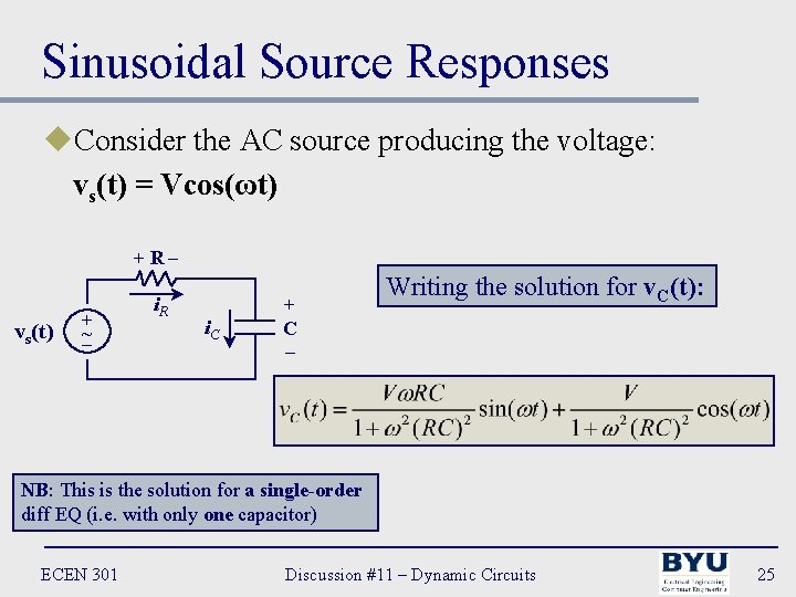 Sinusoidal Source Responses u. Consider the AC source producing the voltage: vs(t) = Vcos(ωt)