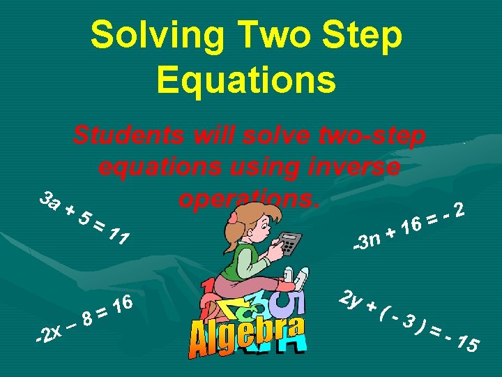 Solving Two Step Equations Students will solve two-step equations using inverse 3 a operations.