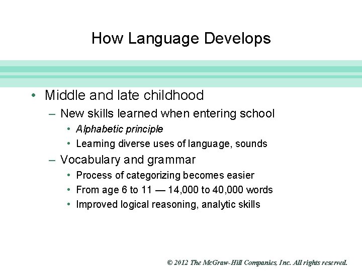 Slide 14 How Language Develops • Middle and late childhood – New skills learned