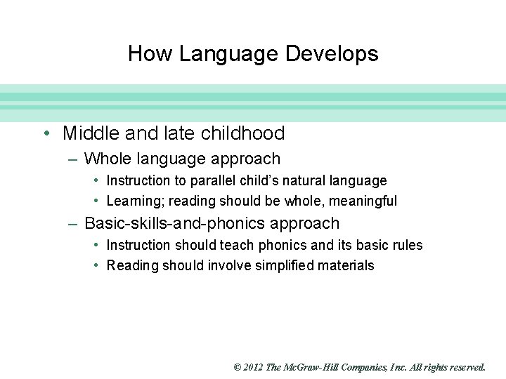 Slide 16 How Language Develops • Middle and late childhood – Whole language approach