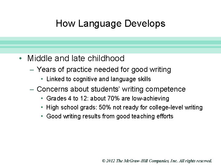 Slide 18 How Language Develops • Middle and late childhood – Years of practice