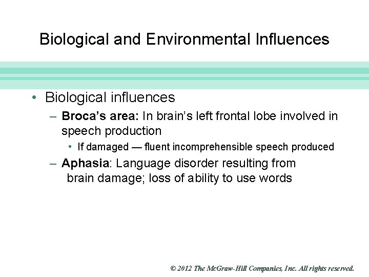 Slide 24 Biological and Environmental Influences • Biological influences – Broca’s area: In brain’s