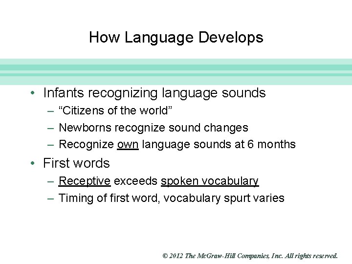 Slide 5 How Language Develops • Infants recognizing language sounds – “Citizens of the