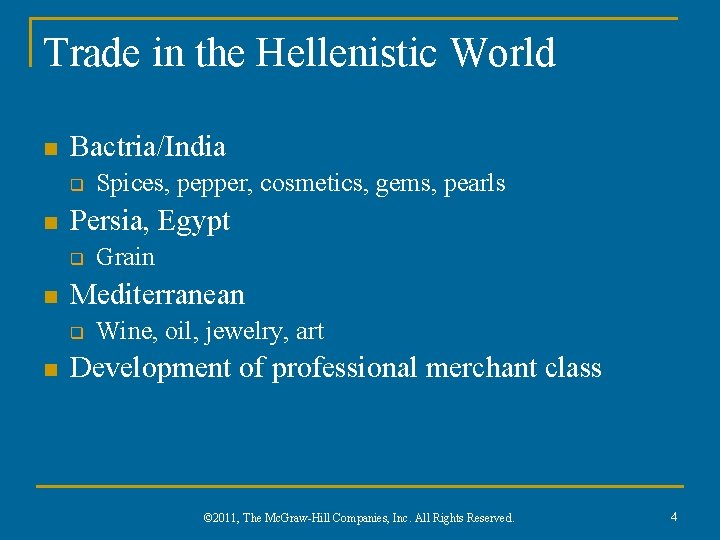 Trade in the Hellenistic World n Bactria/India q n Persia, Egypt q n Grain