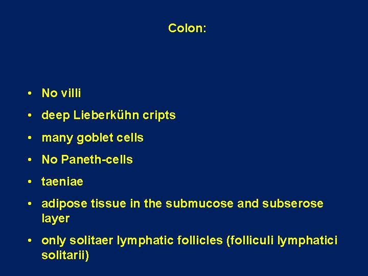 Colon: • No villi • deep Lieberkühn cripts • many goblet cells • No